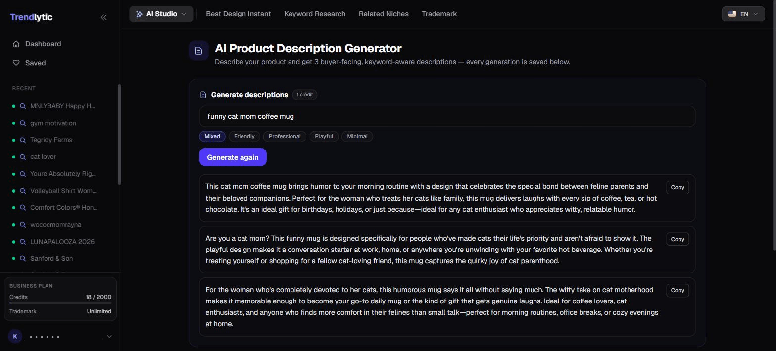 Trendlytic writing buyer-facing, keyword-aware product descriptions for a print-on-demand listing