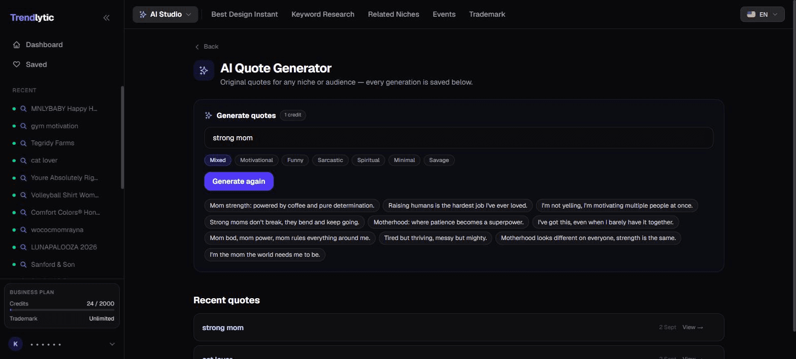 The AI Quote Generator producing ten original quotes for 'strong mom'