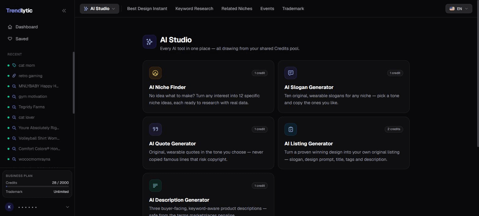 The Trendlytic AI Studio: niche finder, slogan, quote, listing and description generators