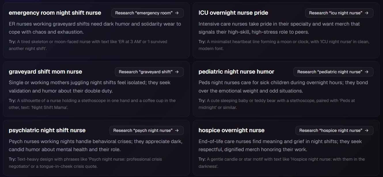 Trendlytic AI Niche Finder for night shift nurse: emergency room night shift nurse, ICU overnight nurse pride, graveyard shift mom nurse, pediatric night nurse humor, psychiatric night shift nurse and hospice overnight nurse, each with its buyers, a design idea to try and a Research button