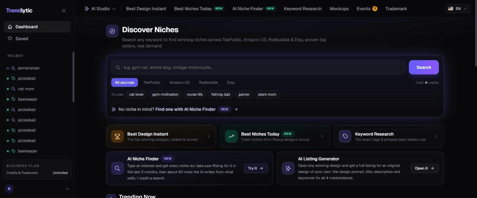 Trendlytic Discover sending a single subject out to Amazon Merch, Redbubble, TeePublic and Etsy at once