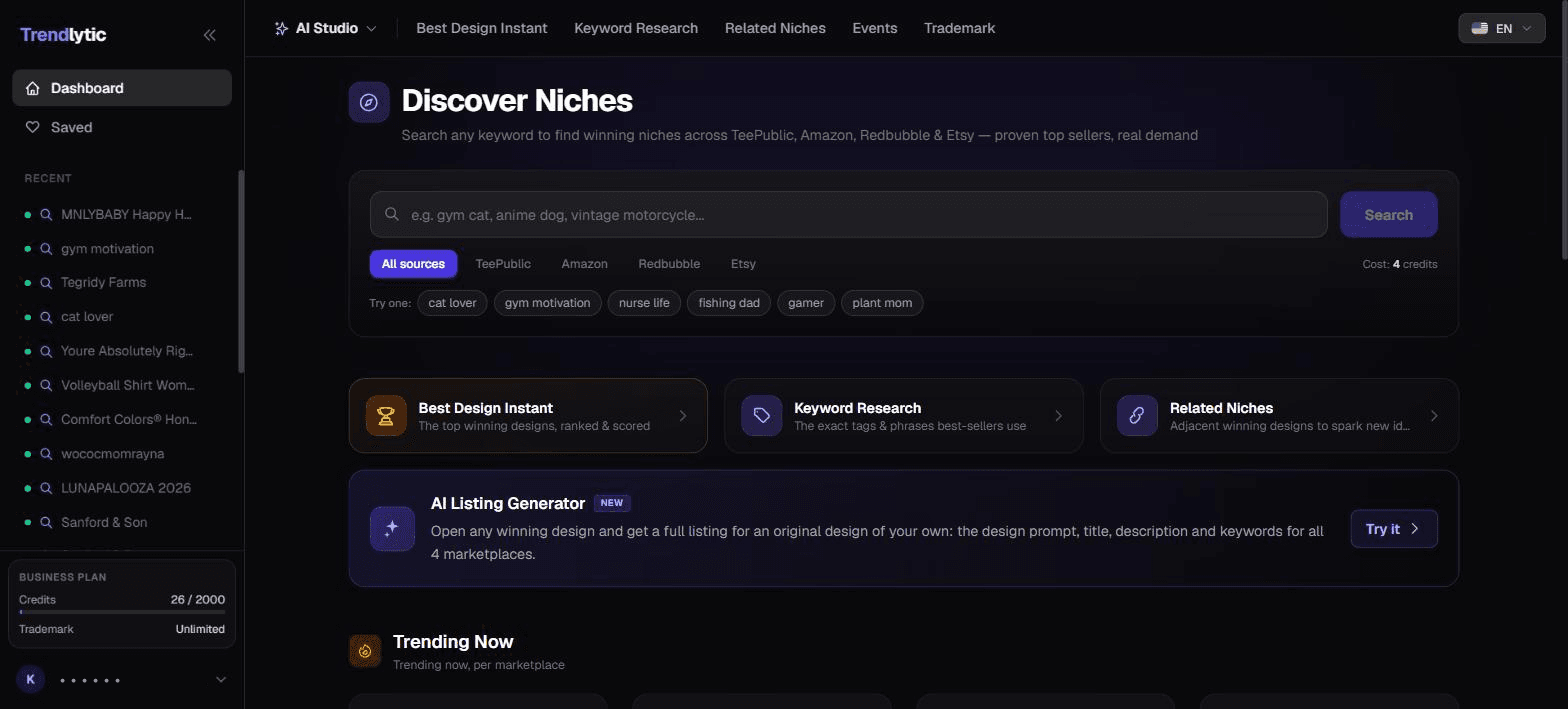Trendlytic Discover Niches dashboard — search any niche and see what's trending across Amazon Merch, TeePublic, Redbubble, and Etsy