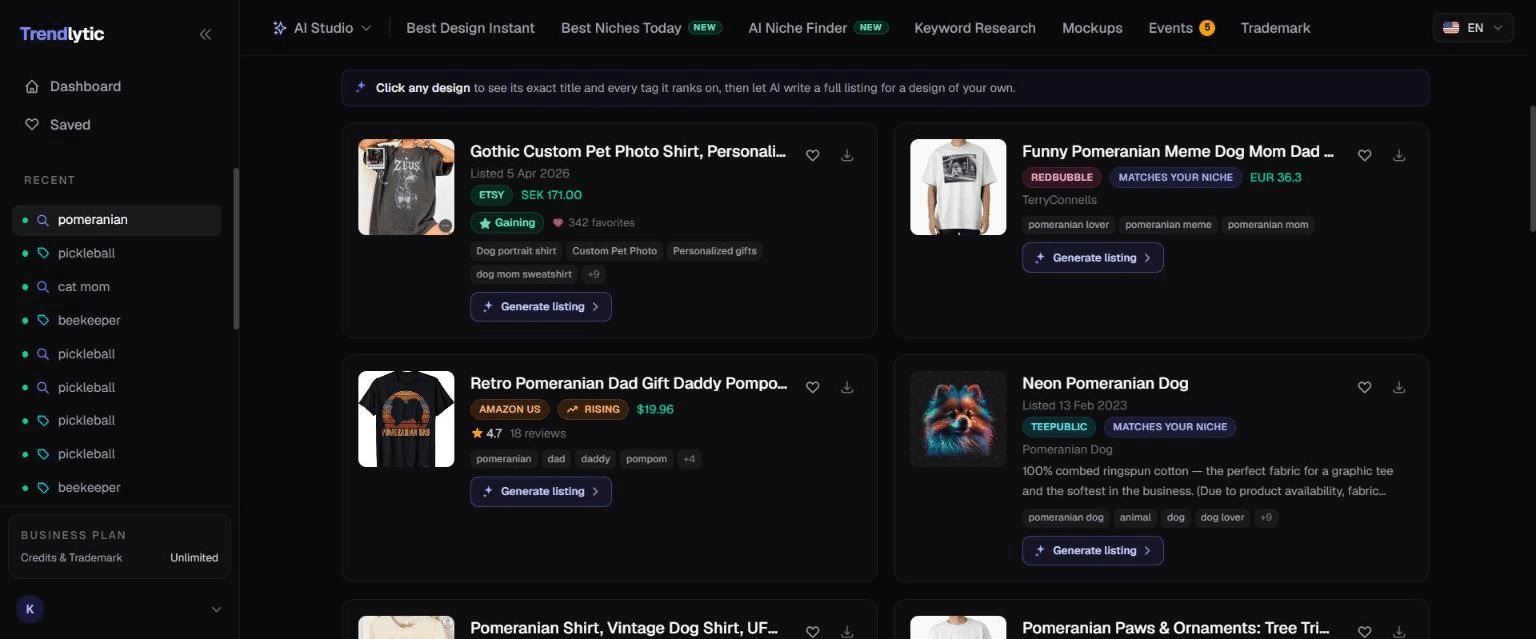One Trendlytic search with Etsy, Redbubble, Amazon US and TeePublic designs side by side, the new ones marked Rising or Gaining