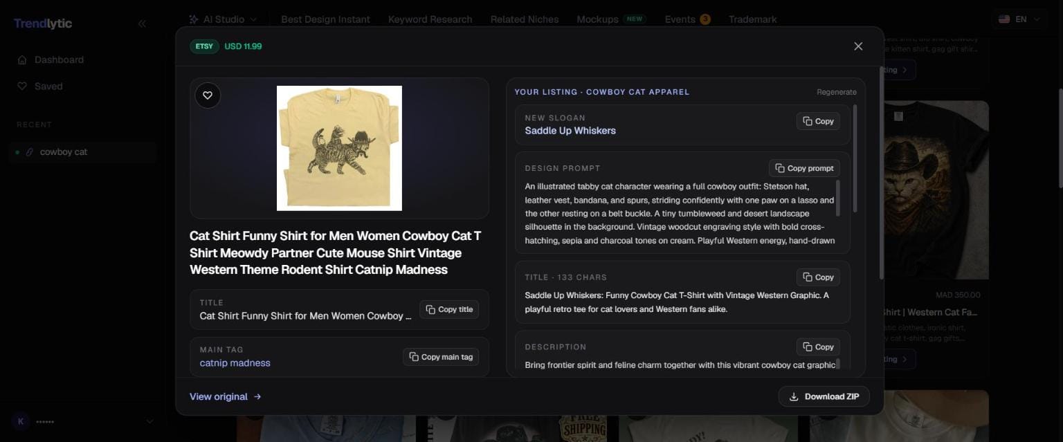 Trendlytic AI Listing Generator beside an Etsy cowboy cat shirt: a new slogan, Saddle Up Whiskers, a prompt for original artwork, a 133-character Etsy title and a description