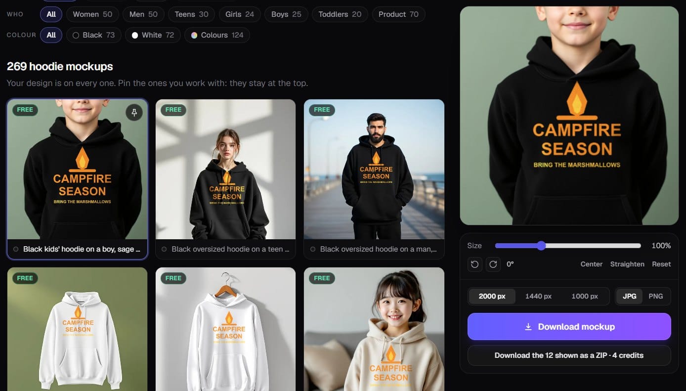 Trendlytic hoodie mockups with the Campfire Season design: a black kids' hoodie on a boy, black oversized hoodies on a teen and a man, white hoodies flat and on a hanger, and a cream hoodie on a girl