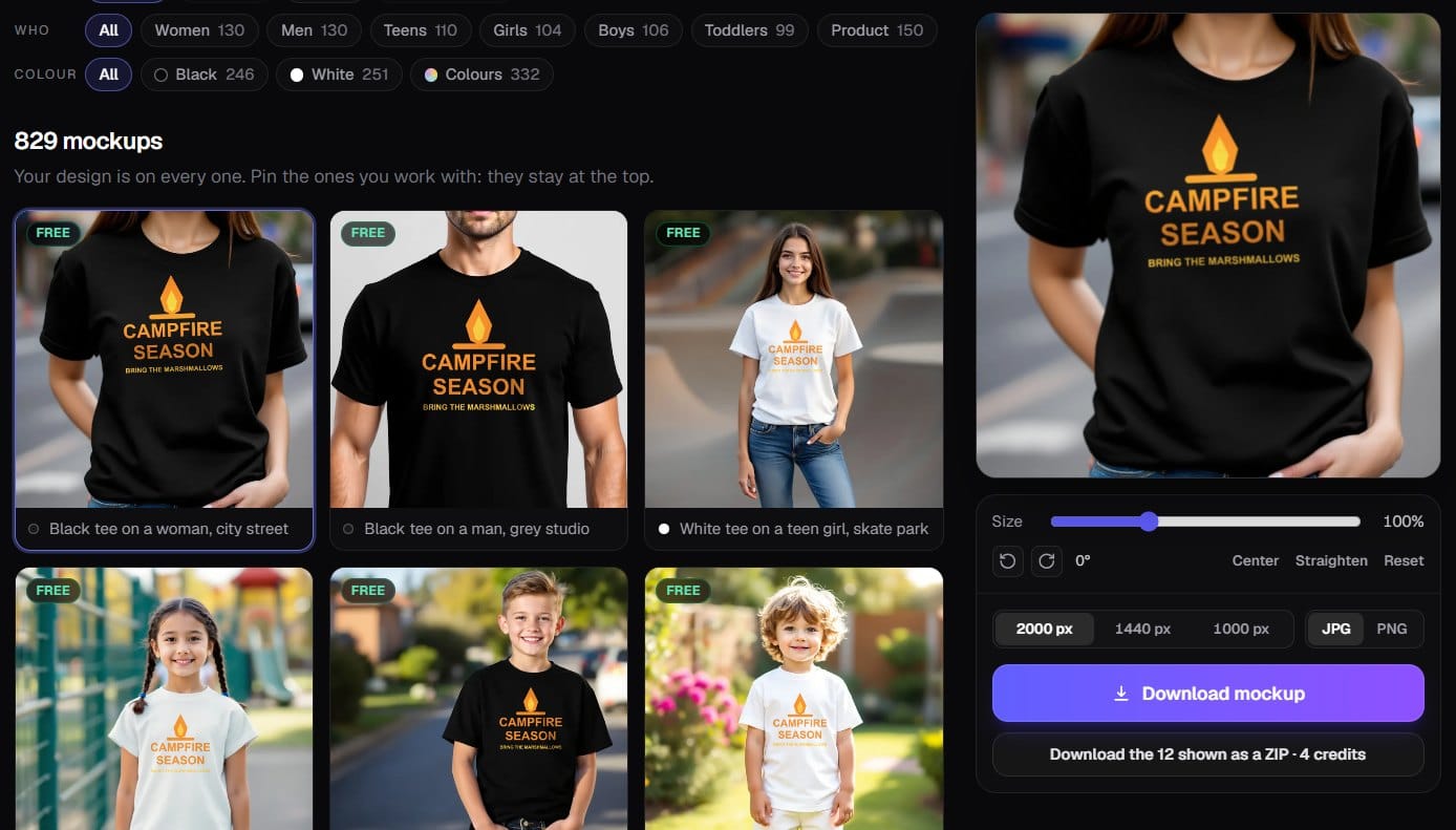 Trendlytic Mockup Generator: one design shown on t-shirt photos, with the filters and the download panel