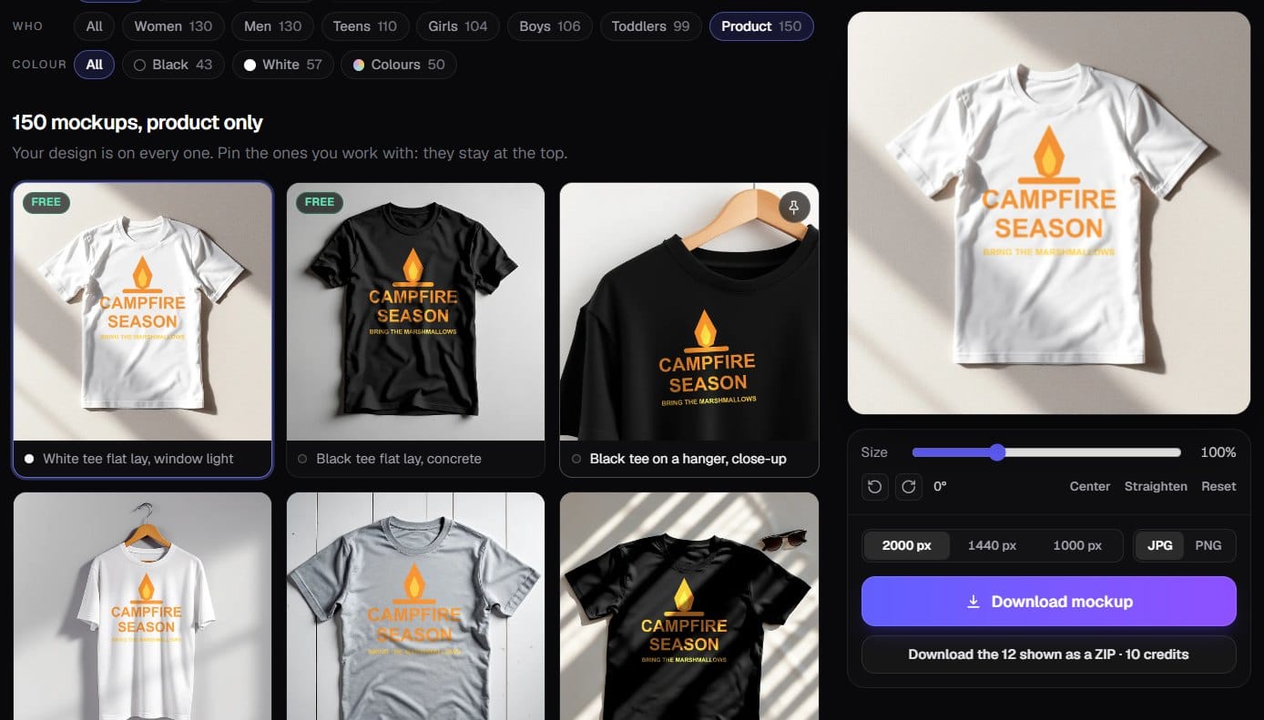 Trendlytic mockup library filtered to 150 product shots: the Campfire Season design on a white tee flat lay in window light, a black tee flat lay on concrete, a black tee on a hanger and three more
