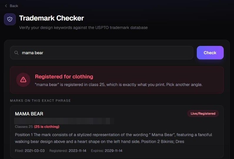 Trendlytic trademark lookup on mama bear: Registered for clothing, a live MAMA BEAR registration in class 25 for bikinis and dresses, filed March 2021, registered November 2023, owner name blurred