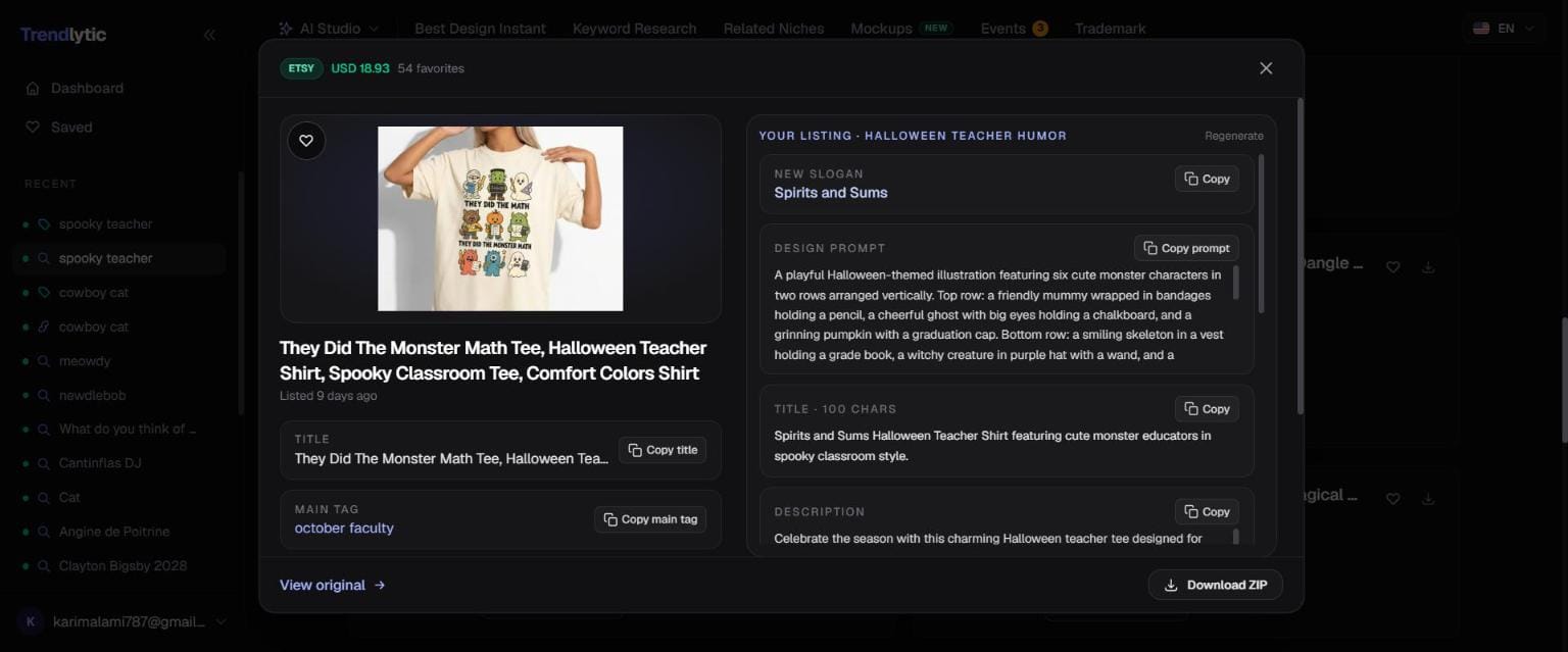 Trendlytic AI listing beside an Etsy monster maths teacher tee: the new slogan Spirits and Sums, a design prompt for six monster teachers, a 100-character Etsy title and a description