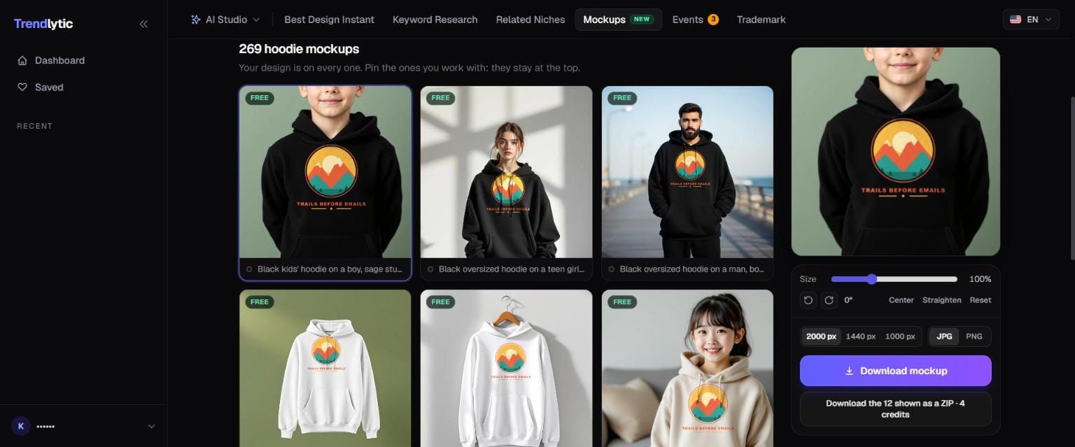 Trendlytic Mockup Generator with one design on black and white hoodie photos, on a boy, a teen girl, a man and a hanger, beside the download panel