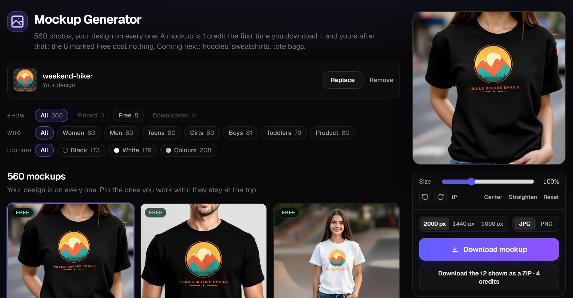 Trendlytic Mockup Generator: one design shown on t-shirt photos, with the filters and the download panel