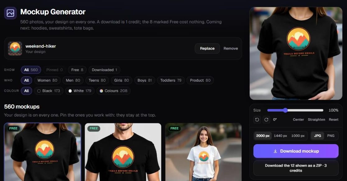 Trendlytic Mockup Generator: one design shown on t-shirt photos, with the filters and the download panel