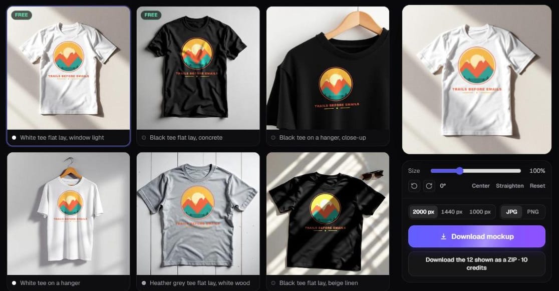 Trendlytic Mockup Generator filtered to product shots: flat lays and shirts on hangers carrying the same design