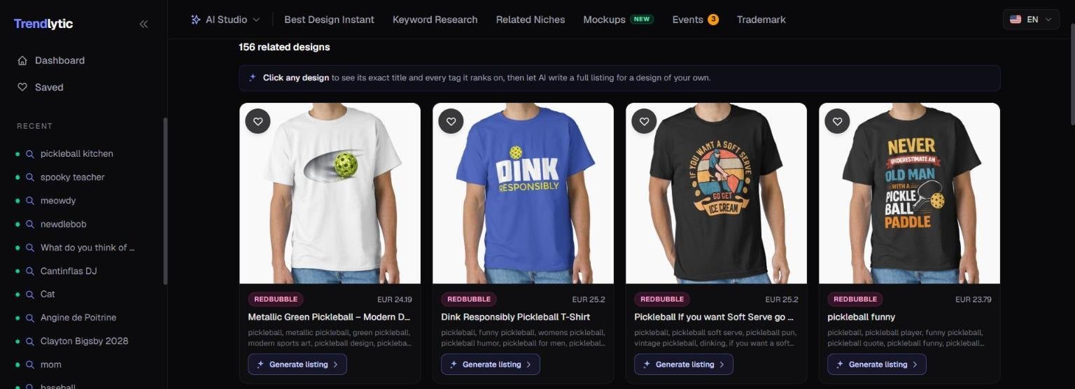 Trendlytic Related Niches for pickleball: 156 related designs, among them a metallic pickleball tee, Dink Responsibly, a soft serve pun and an old man with a paddle, each with its marketplace, price, tags and a Generate listing button