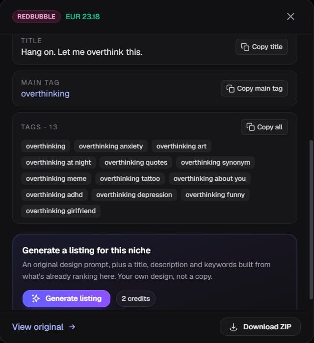Trendlytic design panel for the Redbubble best seller Hang on. Let me overthink this.: the exact title, main tag overthinking, all 13 tags from overthinking anxiety to overthinking girlfriend with a Copy all button, and a Generate listing card at 2 credits