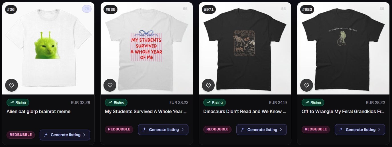 Four Redbubble designs badged Rising in Trendlytic on 29 October 2026: an alien cat meme, My Students Survived A Whole Year Of Me, Dinosaurs Didn't Read And We Know What Happened To Them, and a frog on a bicycle reading Off To Wrangle My Feral Grandkids