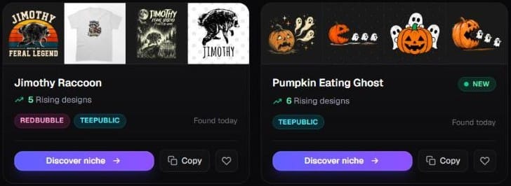 Two niche cards from Trendlytic's Best Niches Today filtered to TeePublic: Jimothy Raccoon with 5 Rising designs on Redbubble and TeePublic, and Pumpkin Eating Ghost with 6 Rising designs on TeePublic, tagged New, each with design thumbnails and a Discover niche button