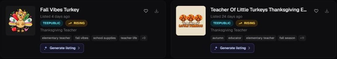 Two TeePublic designs in Trendlytic badged Rising: Fall Vibes Turkey, listed 4 days ago, and Teacher Of Little Turkeys, listed 24 days ago, both in the Thanksgiving Teacher niche with their tags