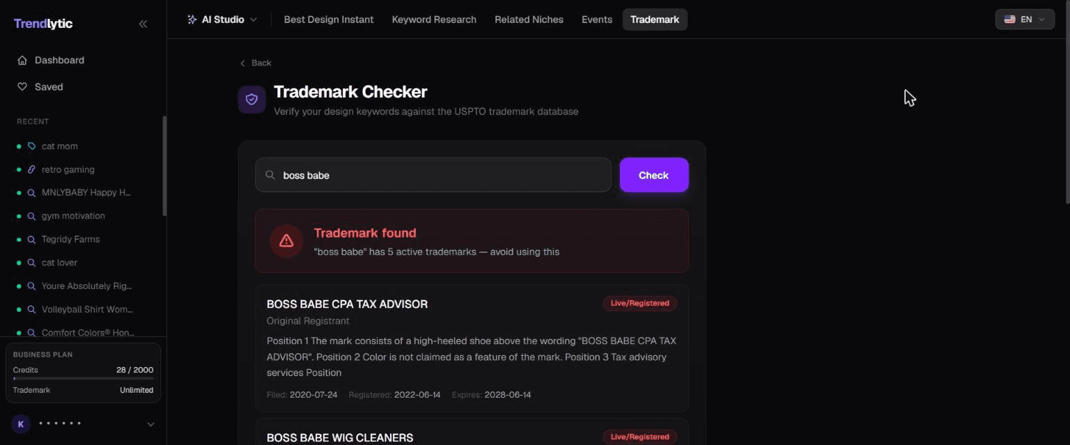 Trendlytic trademark checker showing a Trademark found warning for Nike with the live registered marks listed underneath