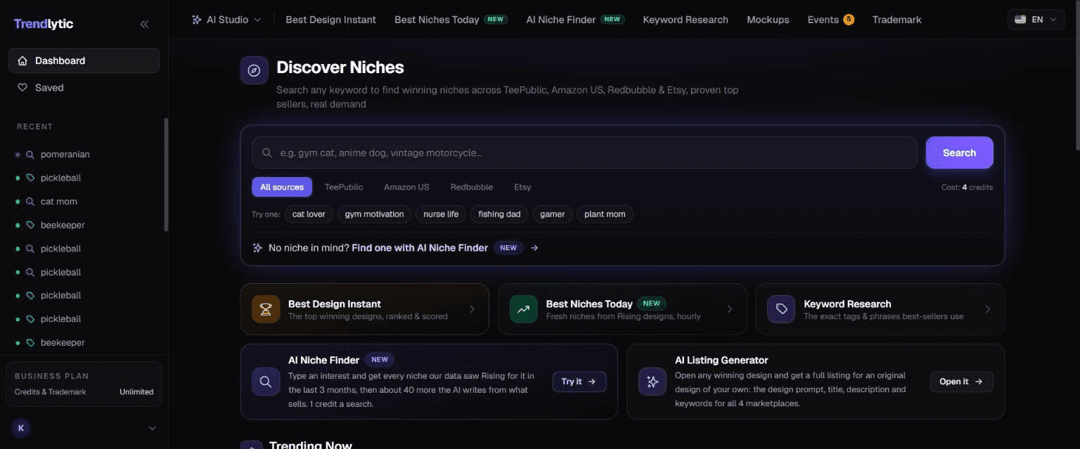Trendlytic Dashboard — Discover trending niches across TeePublic, Amazon, Redbubble & Etsy