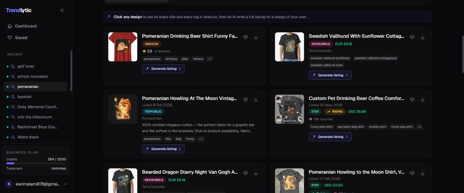 Trendlytic Discover search results for pomeranian across Amazon, Redbubble, TeePublic and Etsy in one view, including an Etsy design badged Rising