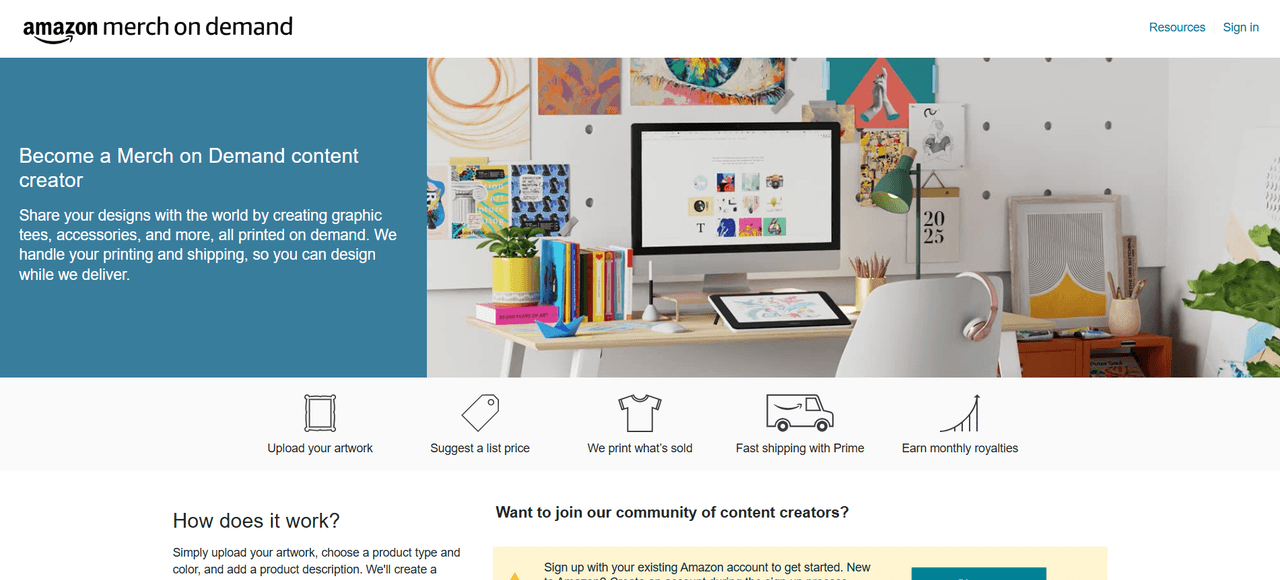 Amazon Merch on Demand homepage, where you upload designs and earn a royalty on the world's largest marketplace