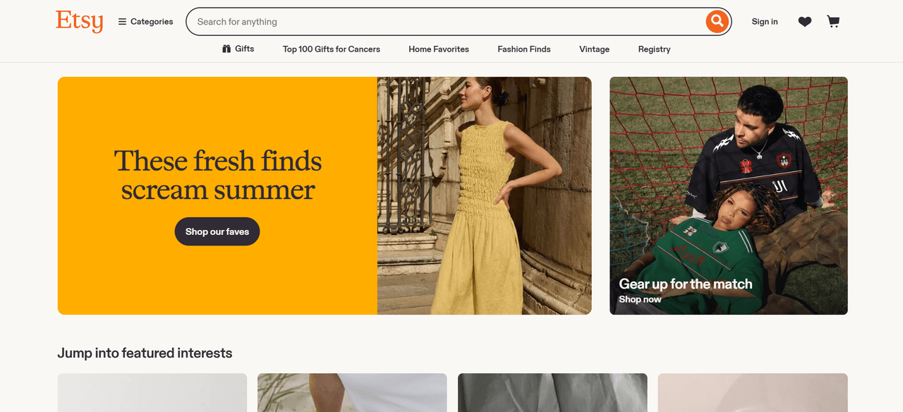Etsy homepage, an online marketplace with strong buyer intent that you pair with a print-on-demand fulfillment service