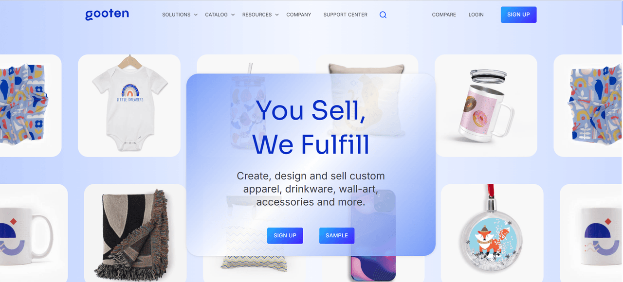 Gooten homepage, an operations-focused print-on-demand fulfillment service with a broad home and lifestyle catalog