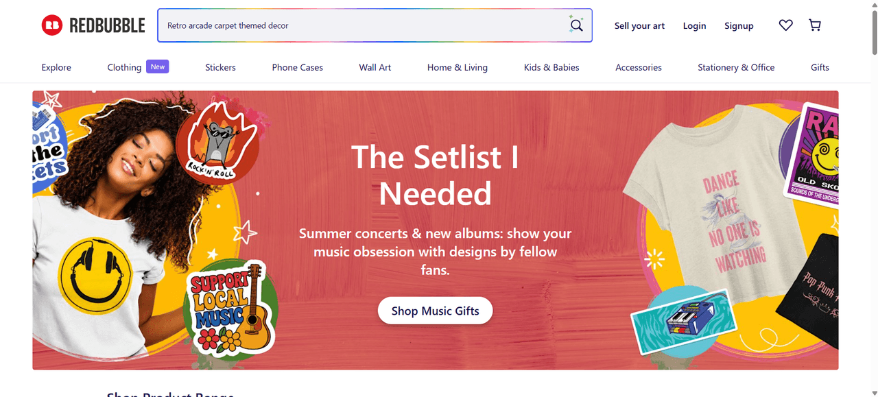 Redbubble homepage, a hands-off print-on-demand marketplace where a single design becomes many products
