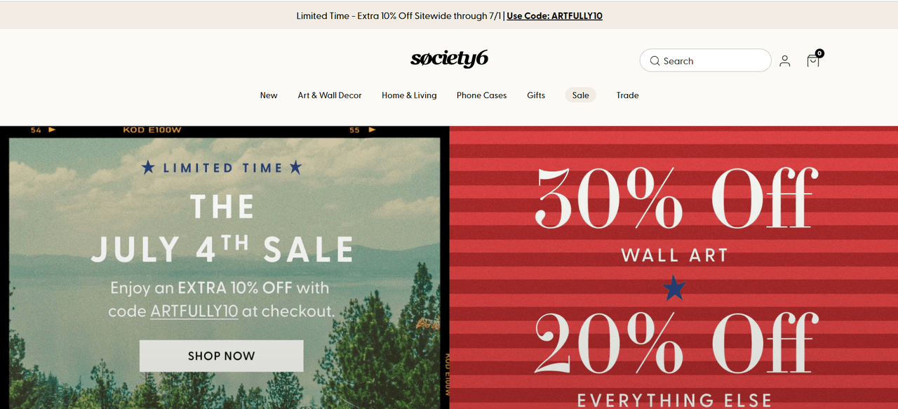 Society6 homepage, a design-led marketplace for wall art, home decor, and art prints