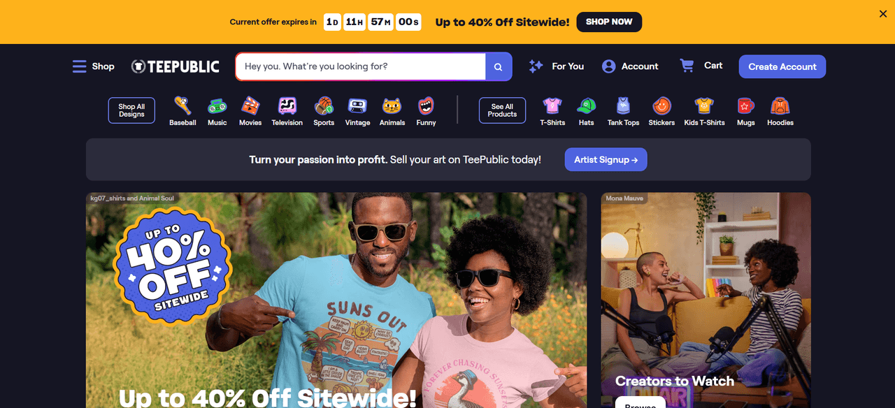 TeePublic homepage, an apparel-first print-on-demand marketplace known for frequent sitewide sales