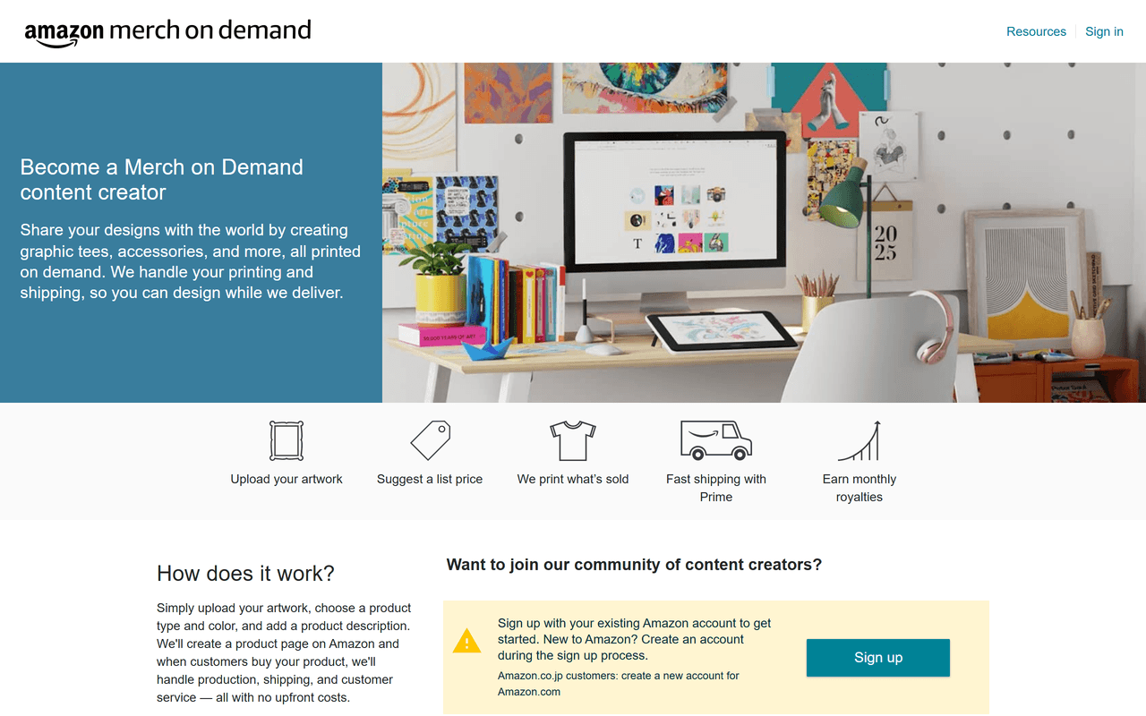 Amazon Merch on Demand landing page explaining how artists upload designs and earn royalties
