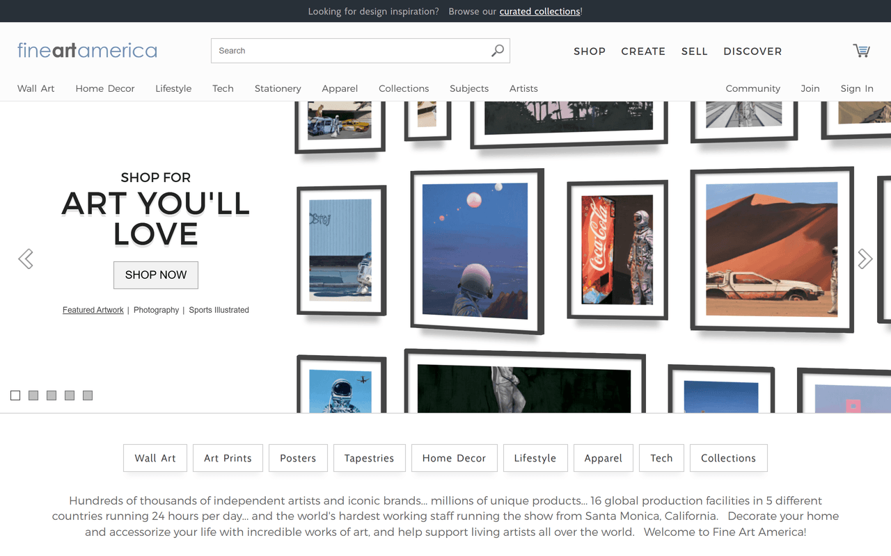 Fine Art America homepage showing framed fine-art prints from independent artists
