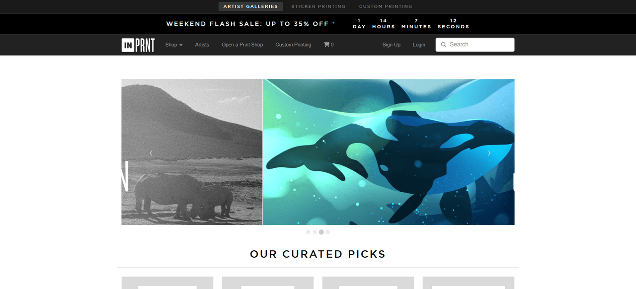 INPRNT homepage, a curated high-quality art print marketplace for illustrators