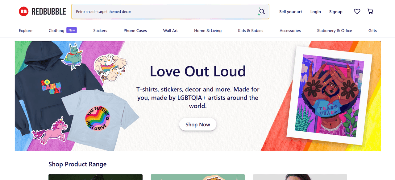 Redbubble homepage, a beginner-friendly print on demand marketplace for artists