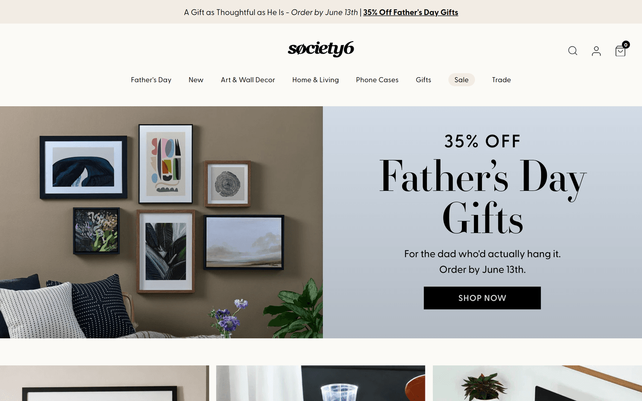 Society6 homepage showing framed wall art and home decor products for artists