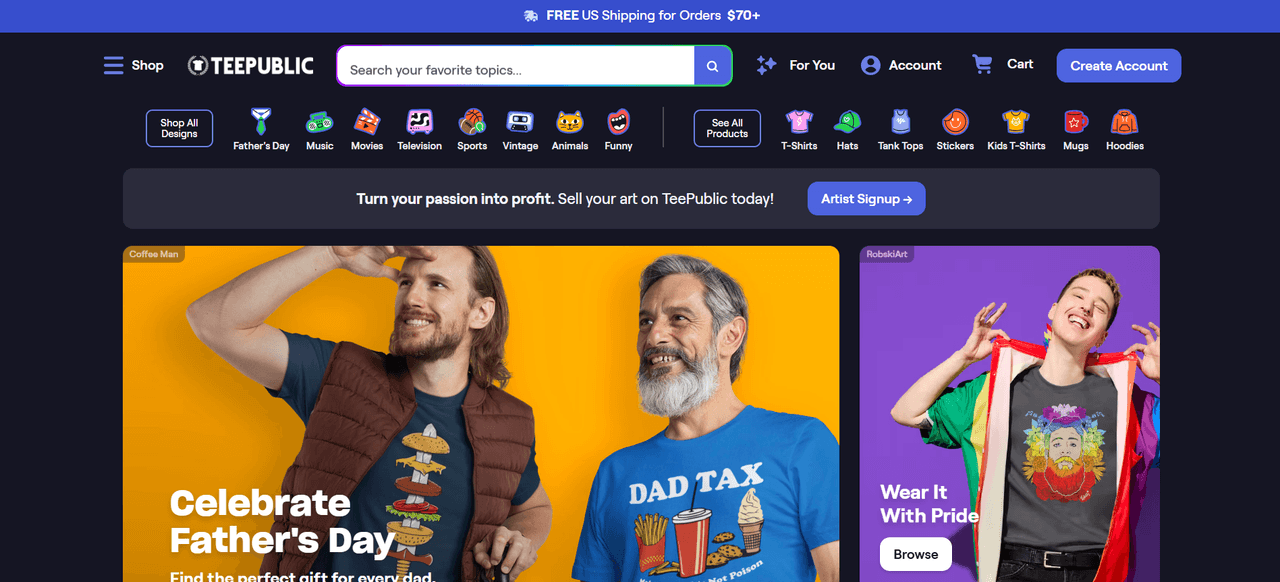 TeePublic homepage, an apparel-first print on demand marketplace for artists