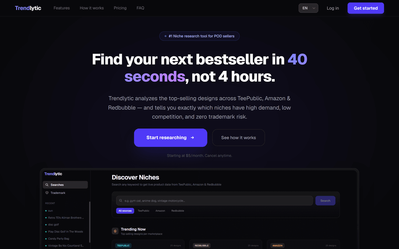 Trendlytic dashboard finding best-selling print on demand niches across TeePublic, Amazon, and Redbubble