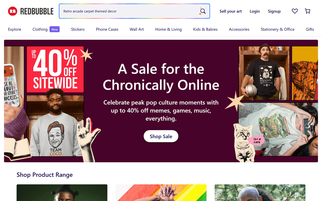 Redbubble homepage — a browse-and-discover marketplace leaning into pop-culture, meme, and aesthetic niches
