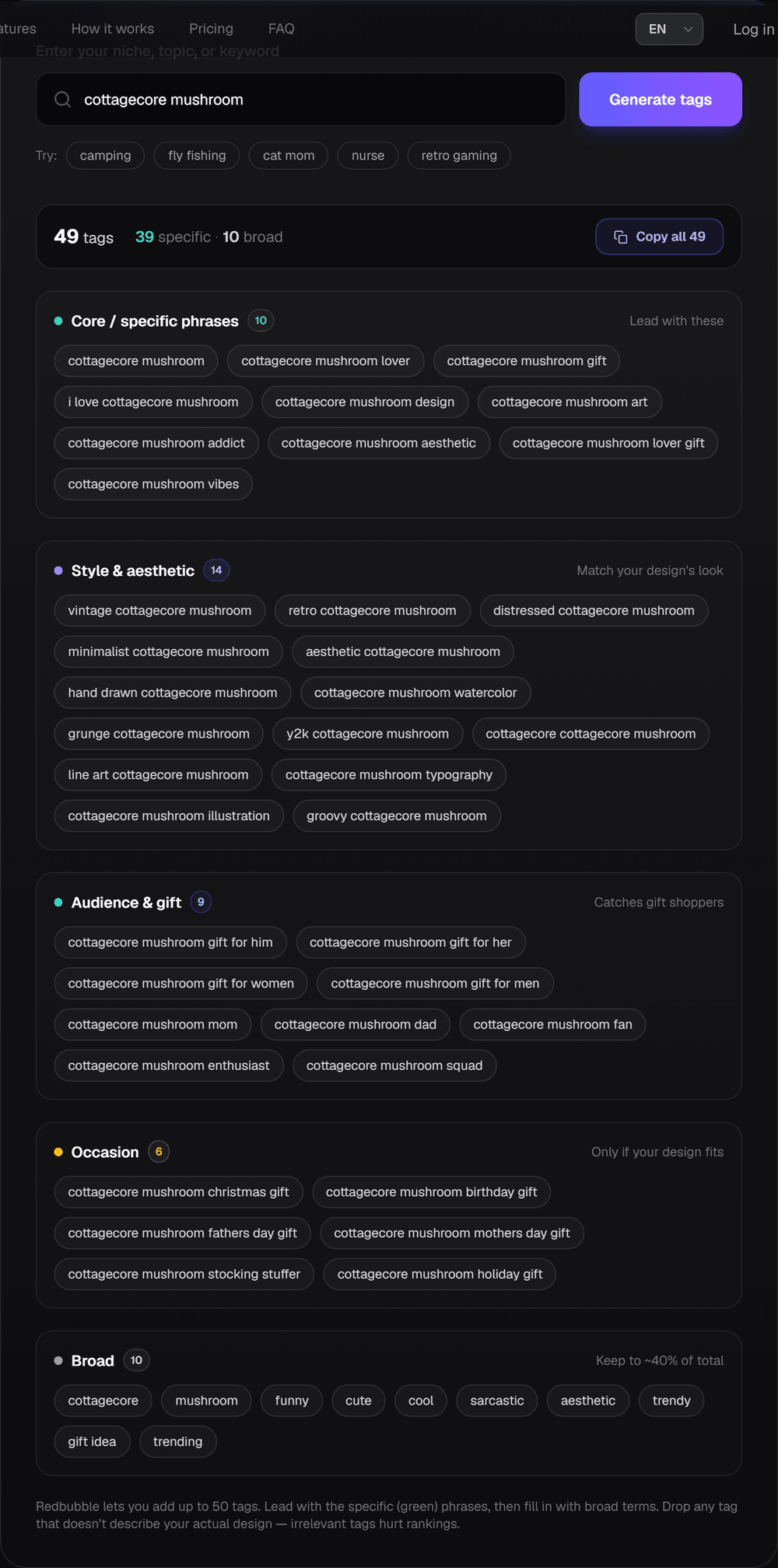 Redbubble tag generator producing grouped buyer-search tags for the niche "cottagecore mushroom"