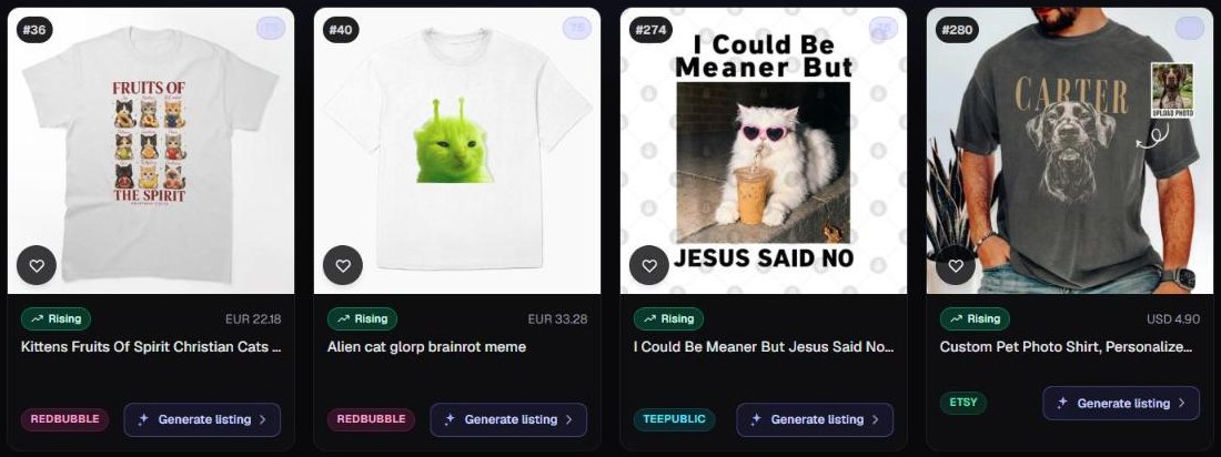 Four cat and pet designs from Trendlytic's Best Design Instant: "Fruits of the Spirit" with nine cats and an alien cat meme on Redbubble, "I could be meaner but Jesus said no" with a white cat in heart sunglasses on TeePublic, and a custom pet photo shirt on Etsy, all Rising