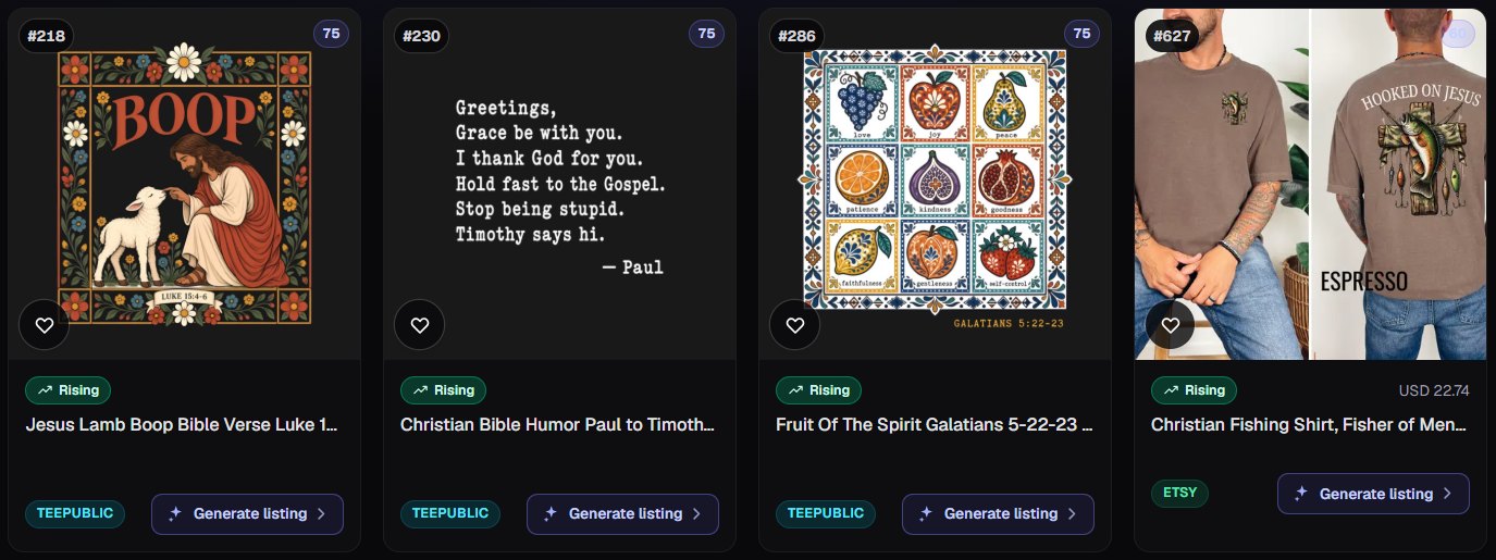 Four faith designs from Trendlytic's Best Design Instant: Jesus booping a lamb, a letter from Paul to Timothy, and Fruit of the Spirit tiles from Galatians 5:22-23, all Rising on TeePublic, and a "Hooked on Jesus" fishing shirt on Etsy