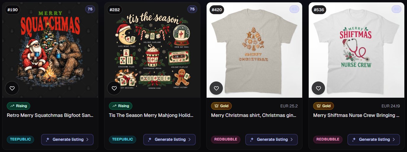 Four Christmas designs from Trendlytic's Best Design Instant on 29 October: Merry Squatchmas with Bigfoot and Santa at a campfire and a "'tis the season" mahjong game night design, both Rising on TeePublic, plus a gingerbread cookie Merry Christmas shirt and a "Merry Shiftmas Nurse Crew" shirt on Redbubble