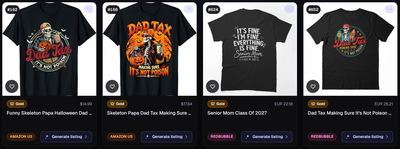 Four parent designs from Trendlytic's Best Design Instant: two "Dad Tax: making sure it's not poison" Halloween skeleton shirts on Amazon US, "It's fine, I'm fine, everything is fine, Senior Mom class of 2027" on Redbubble, and another "Dad Tax" design on Redbubble, all Gold