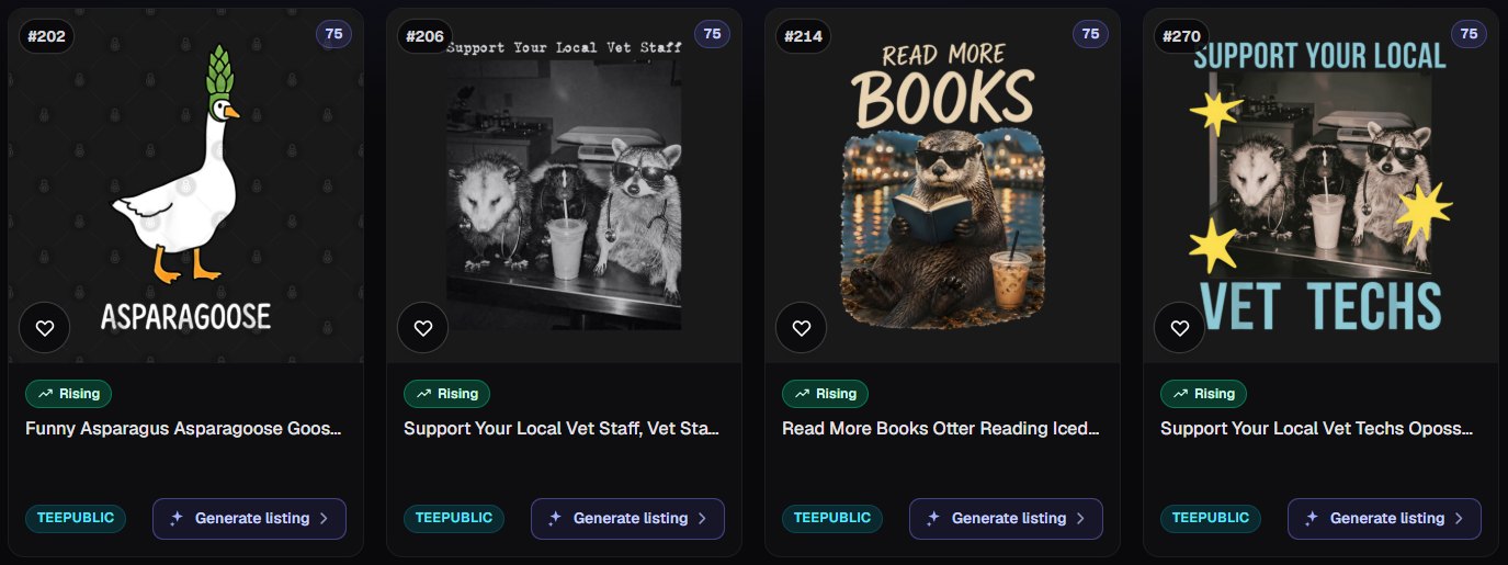 Four unlikely animal designs from Trendlytic's Best Design Instant, all Rising on TeePublic: Asparagoose, "Support your local vet staff" with a possum and raccoon, a "Read more books" otter with an iced coffee, and "Support your local vet techs" with a possum, skunk and raccoon