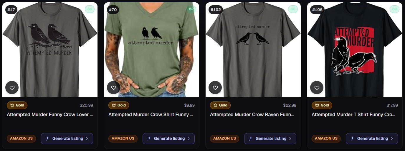 Four "Attempted Murder" crow pun t-shirts from Trendlytic's Best Design Instant, all on Amazon US and all Gold, ranked #17, #70, #102 and #106