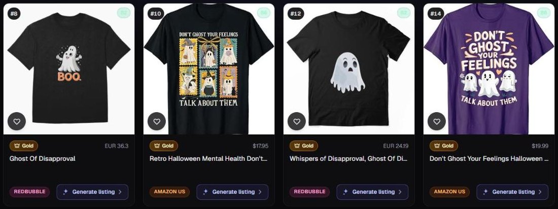 Four Halloween ghost designs from Trendlytic's Best Design Instant: Ghost of Disapproval and Whispers of Disapproval on Redbubble, and two "Don't ghost your feelings, talk about them" shirts on Amazon US, all Gold