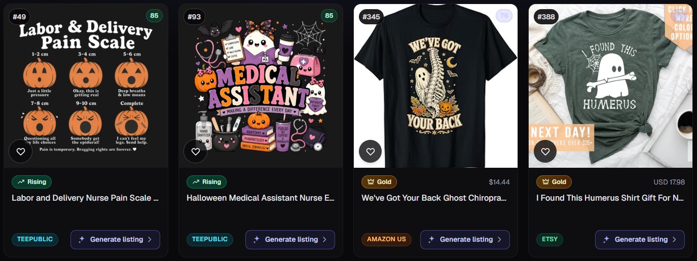 Four healthcare designs from Trendlytic's Best Design Instant: a labor and delivery pain scale with pumpkins and a Halloween medical assistant design, both Rising on TeePublic, a "We've got your back" spine ghost shirt on Amazon US and an "I found this humerus" ghost shirt on Etsy