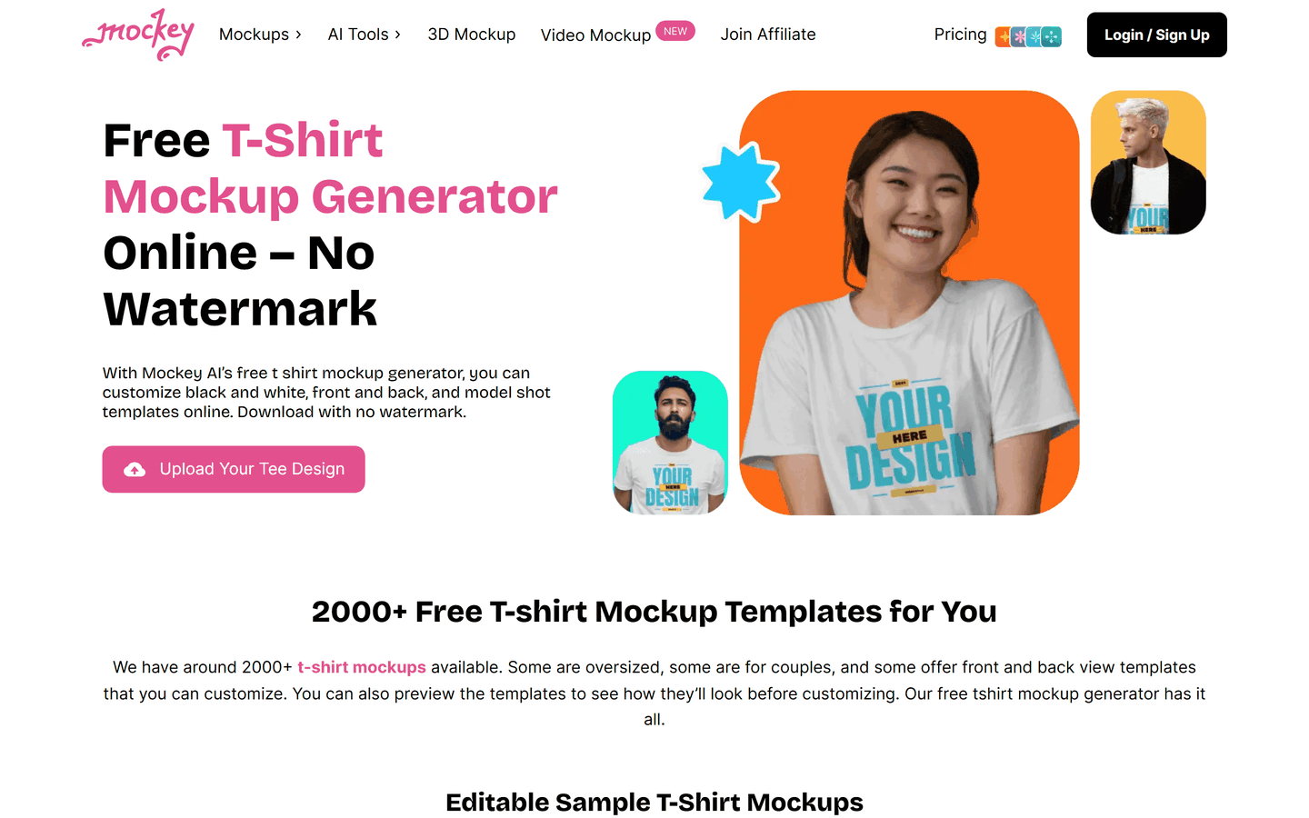 Mockey's free t-shirt mockup generator page, advertising downloads with no watermark