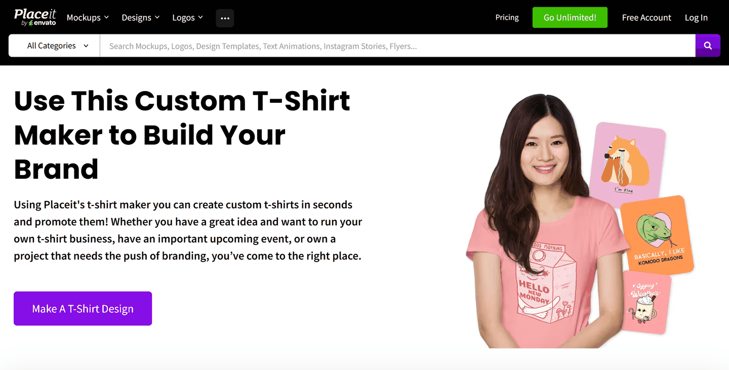 Placeit's t-shirt mockup and design maker page, part of Envato